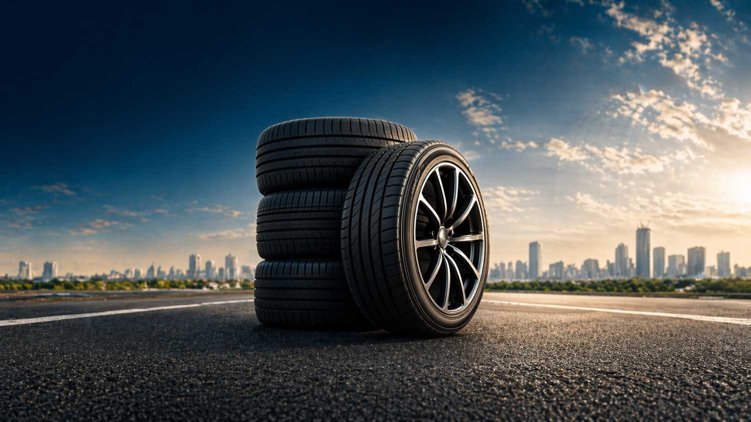 Stack of new imported tyres with an alloy wheel on the road